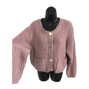 Vigoss misty rose chunky crochet knit style hammered gold button cardigan size L